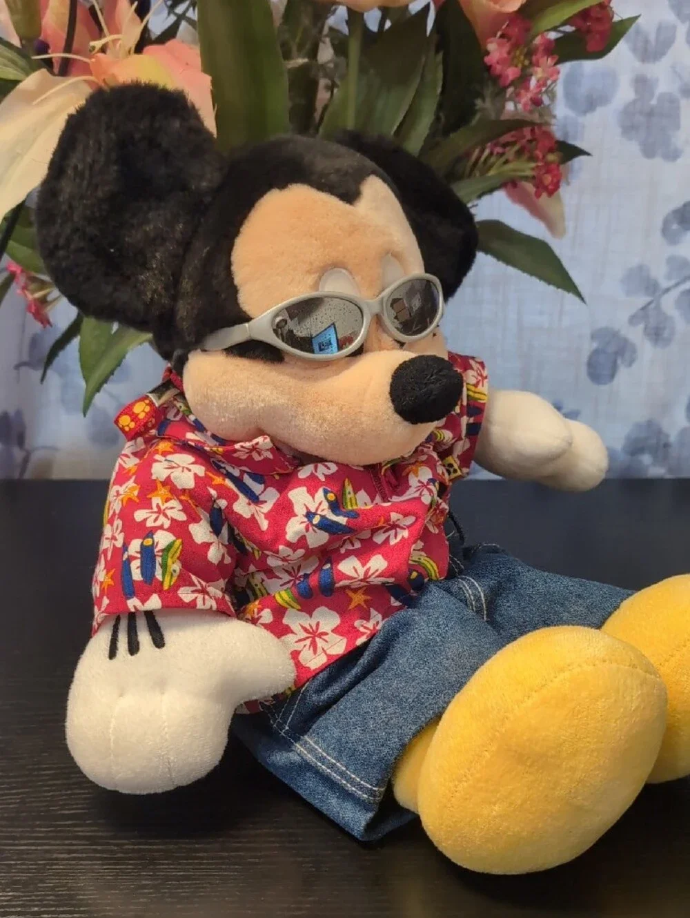 Mickey Mouse Plush Toy in Red Hawaiian Shirt and Blue Jeans
